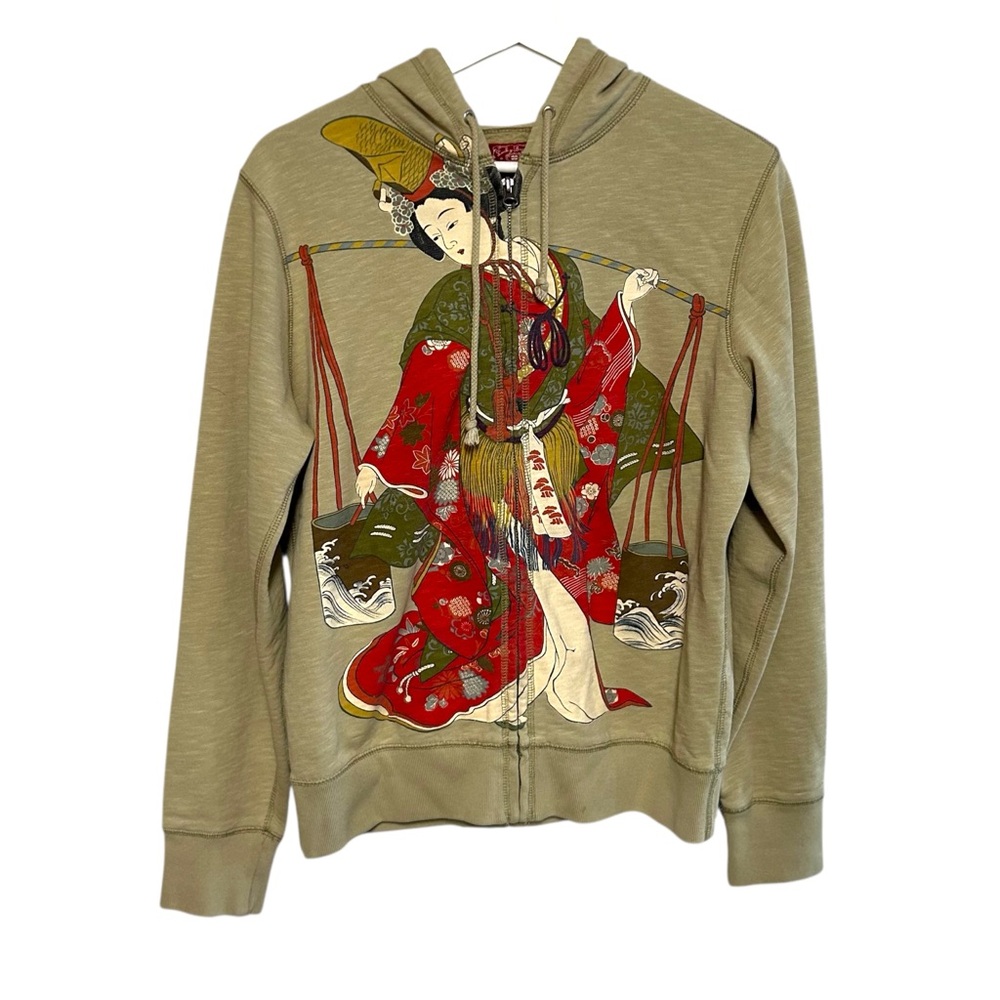 Y2K lucky brand L hoodie sweatshirt‎ zip japan geisha graphic art boho indie